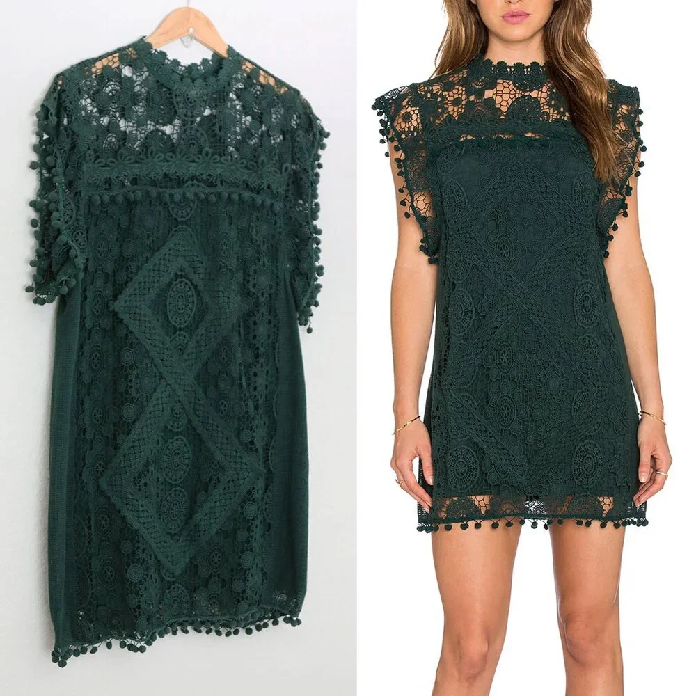 Tularosa Revolve Clayton Tunic Mini Dress L Hunter Green Pom Pom Trim Lace $210 - Picture 16 of 16